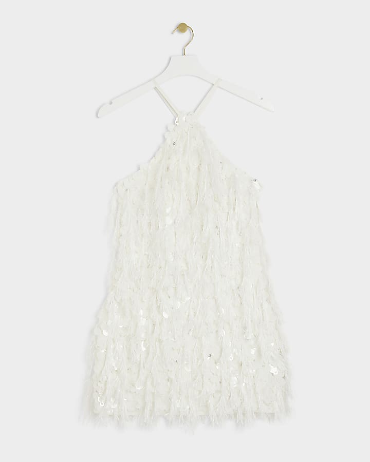 White sequin feather shift mini dress