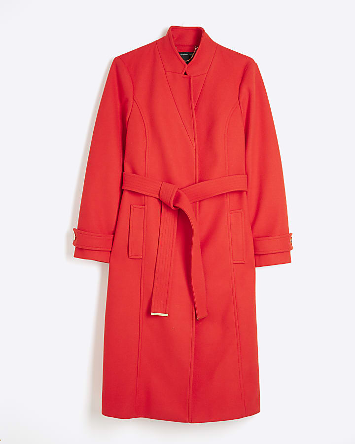 Red Notch Collar Wrap Coat