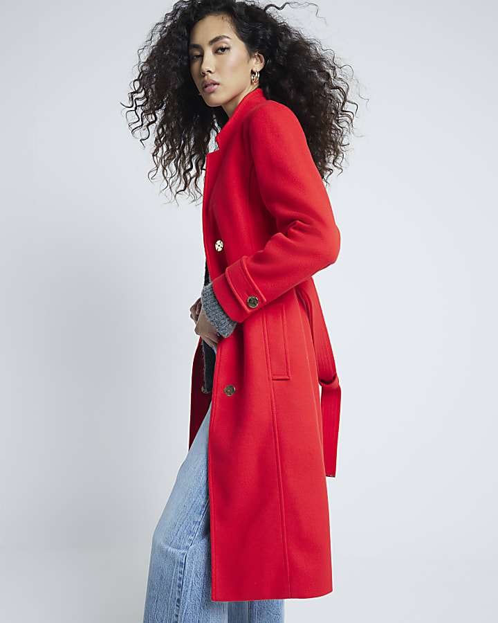 Red Notch Collar Wrap Coat