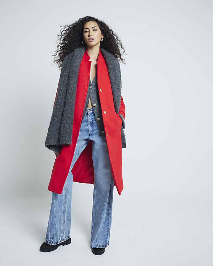 Red Notch Collar Wrap Coat