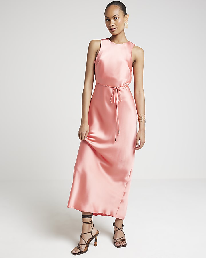 Coral Belted Slip Maxi Dress