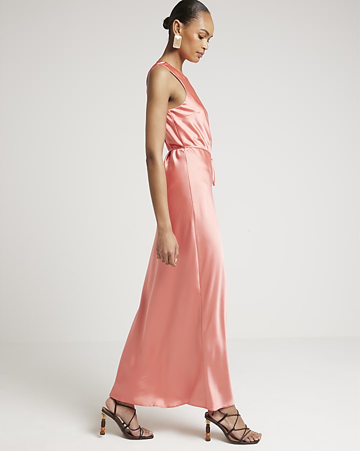 Coral Belted Slip Maxi Dress