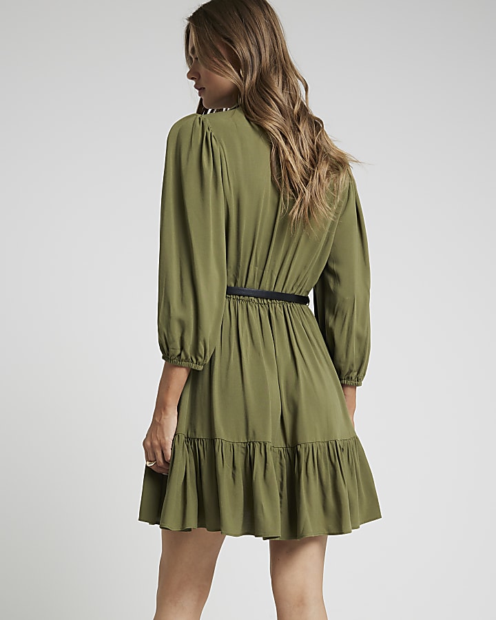 Khaki belted peplum mini shirt dress