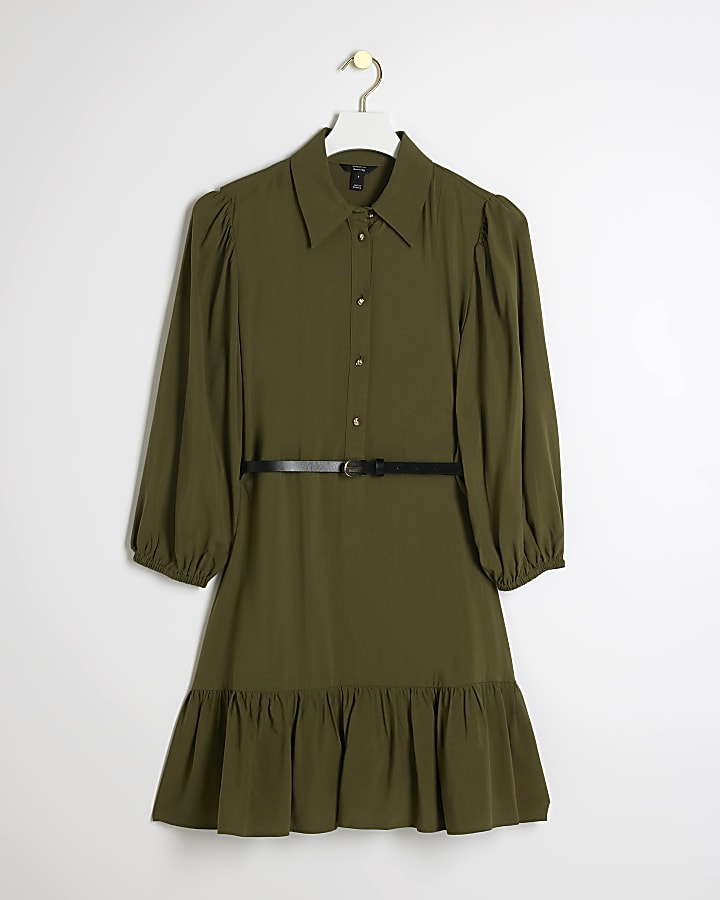 Khaki belted peplum mini shirt dress