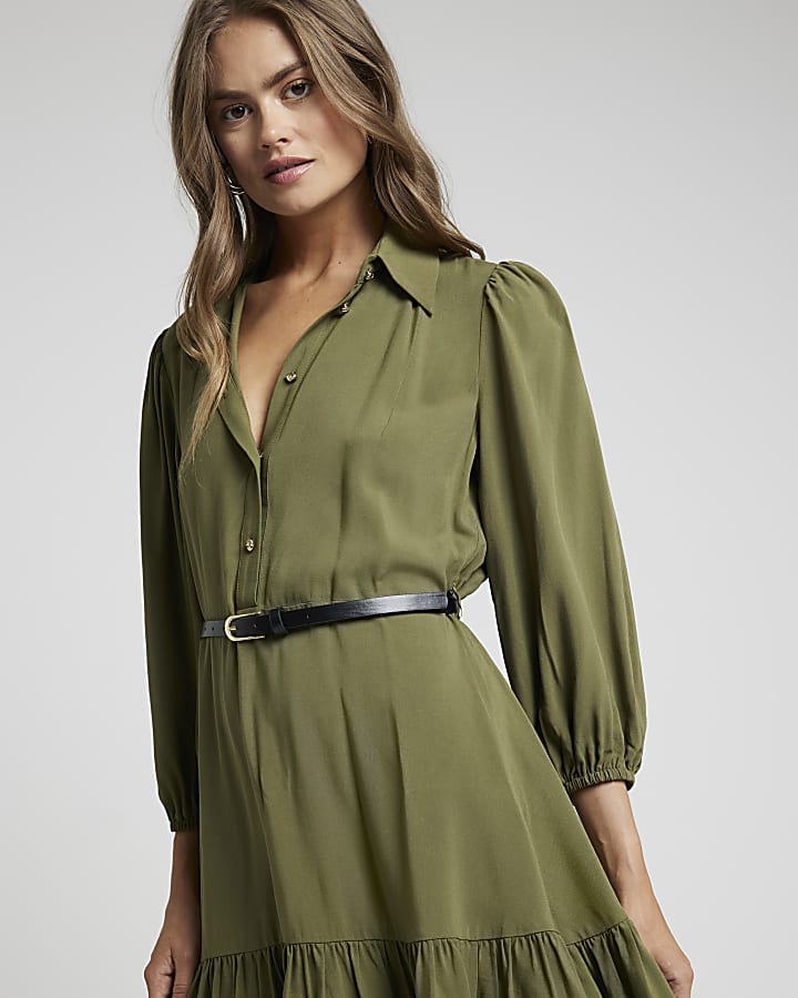 Khaki belted peplum mini shirt dress