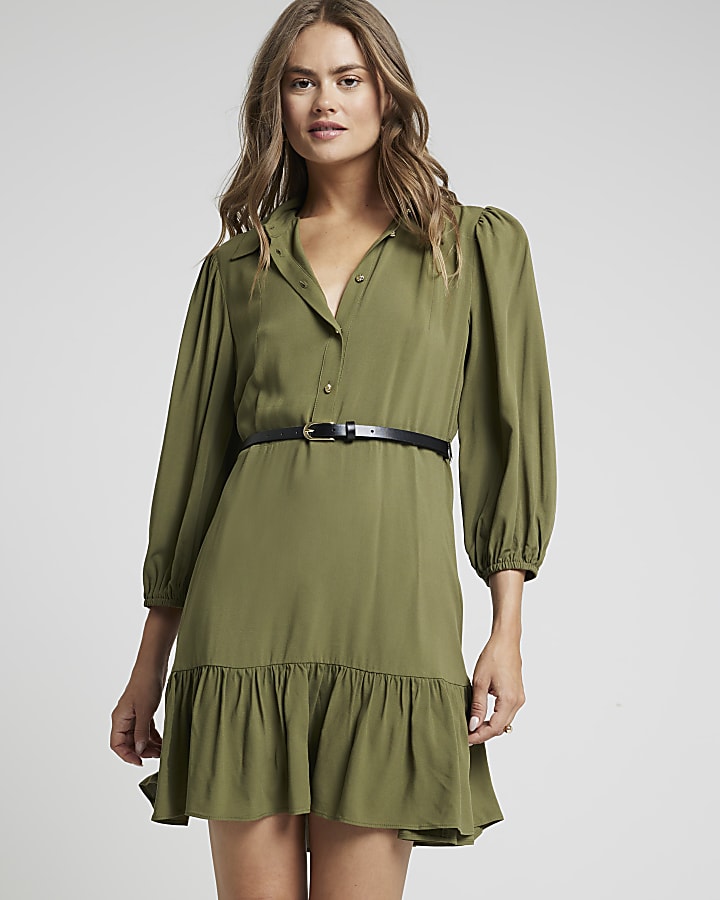 Khaki belted peplum mini shirt dress