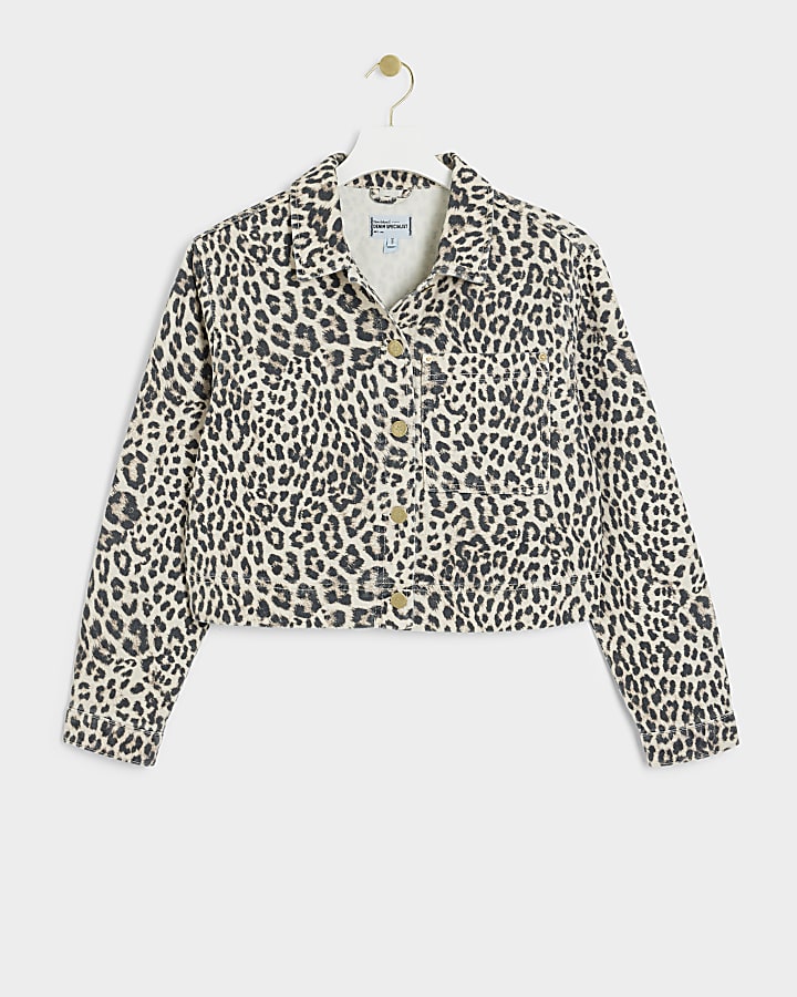 Brown leopard cropped denim shirt