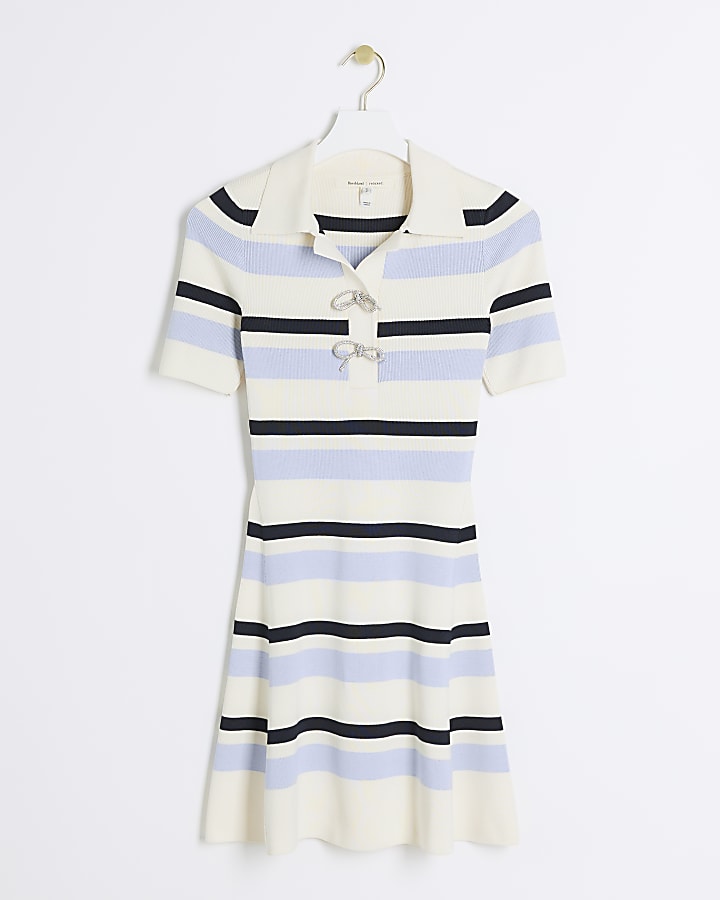 Blue knit stripe bow detail shift mini dress