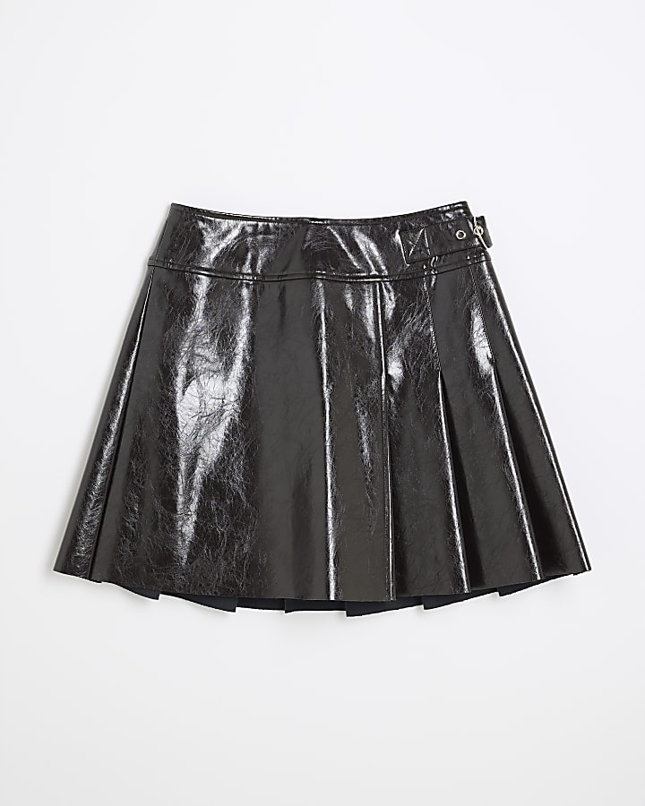 Brown faux leather pleated mini skirt