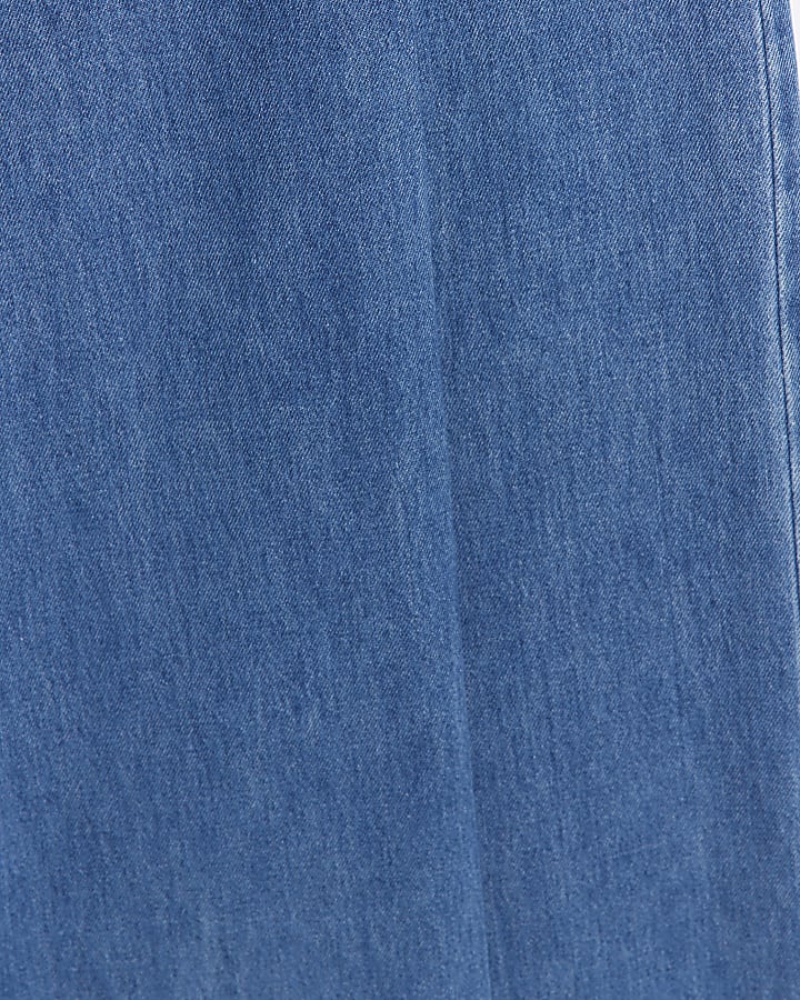 Blue mid rise pleated wide leg jeans