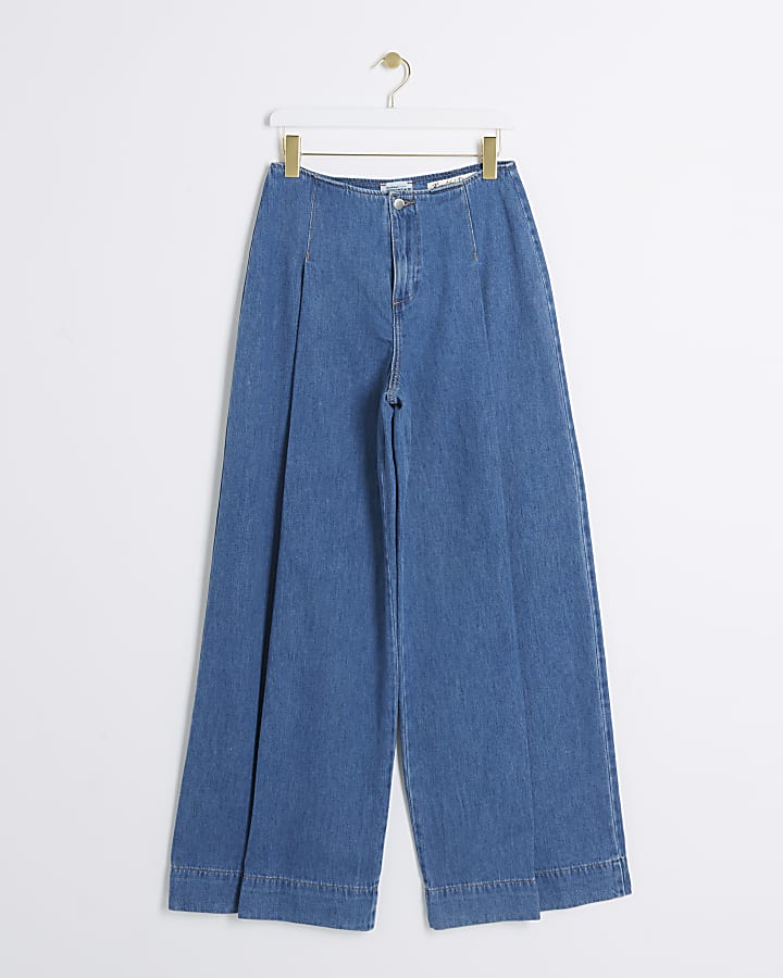 Blue mid rise pleated wide leg jeans