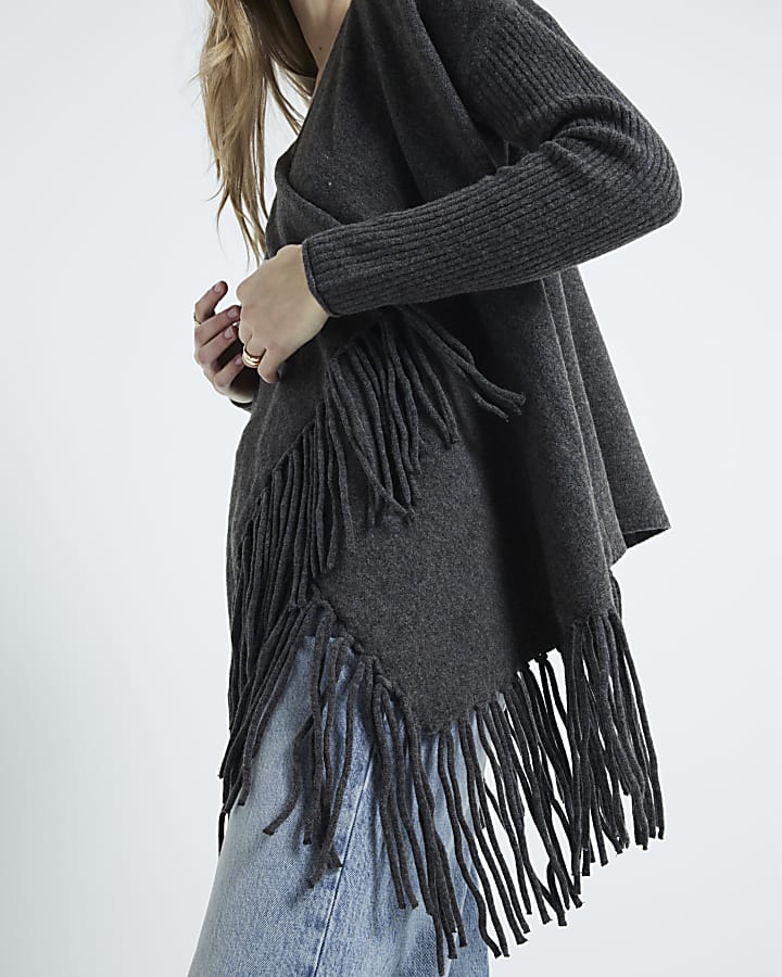 Grey Waterfall Fringe Cardigan