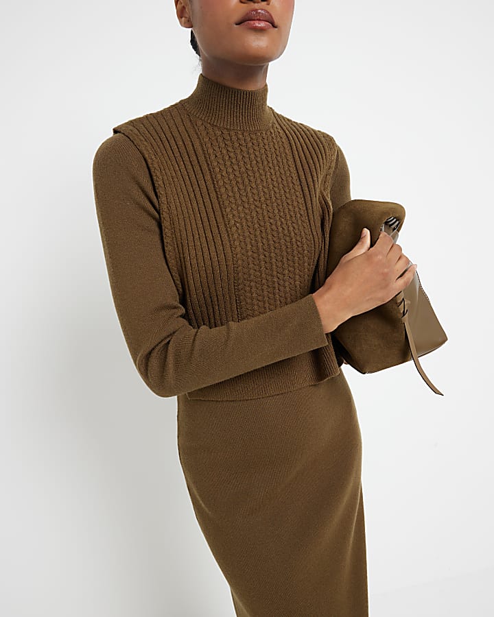 Khaki Knit Rib Midi Dress