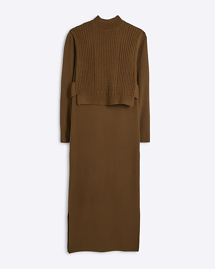 Khaki Knit Rib Midi Dress