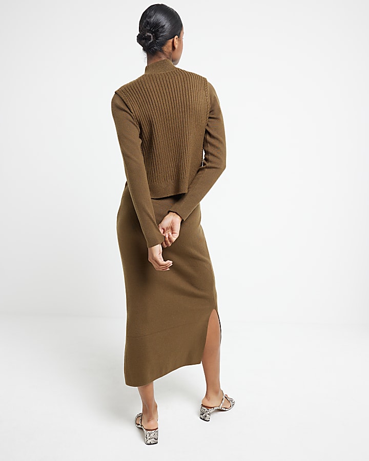 Khaki Knit Rib Midi Dress