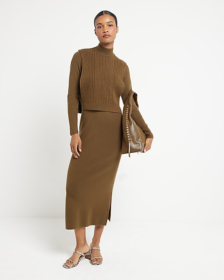 Khaki Knit Rib Midi Dress