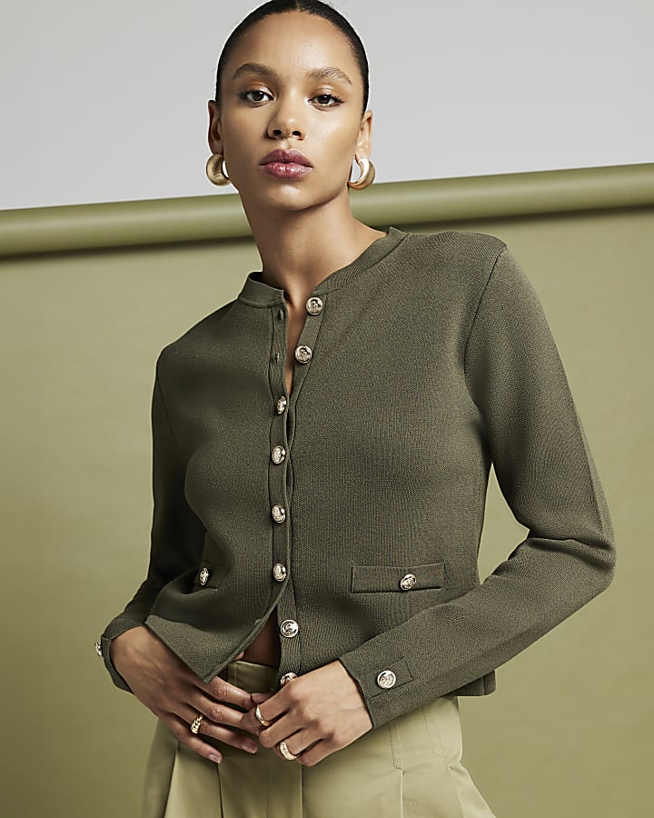 Khaki knit button up cardigan River Island