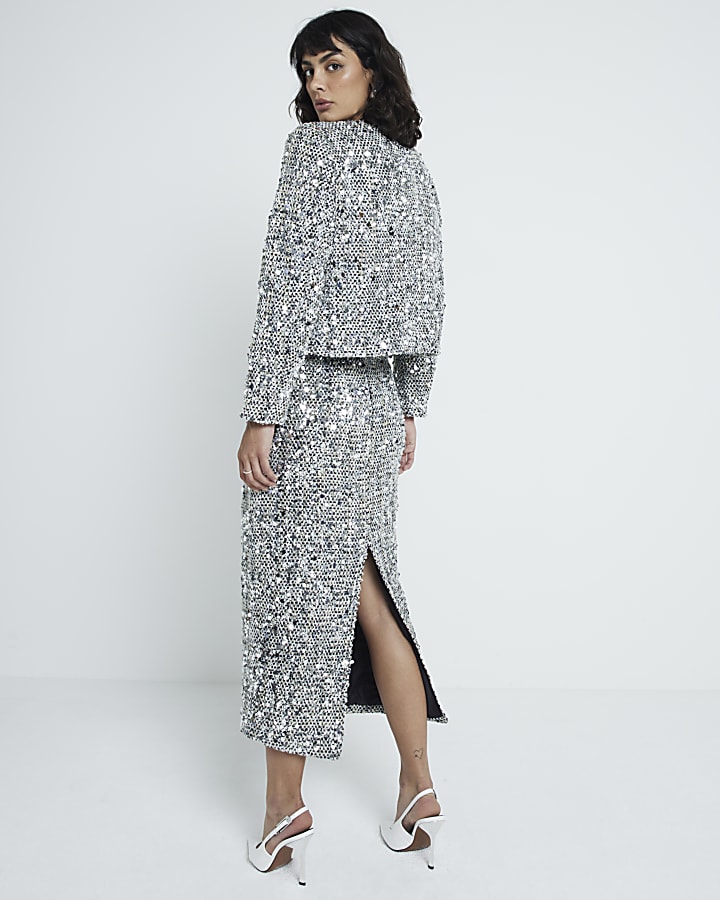Silver sequin boucle pencil midi skirt