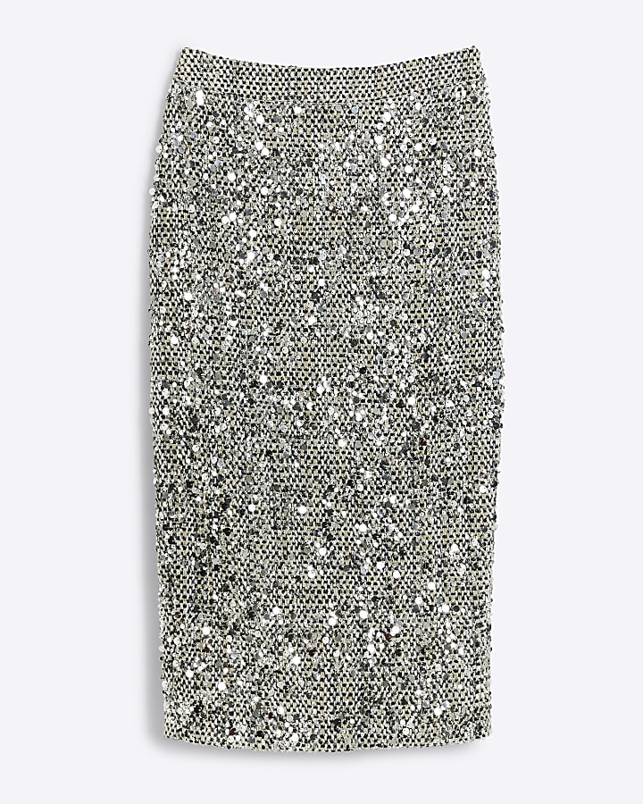 Silver sequin boucle pencil midi skirt