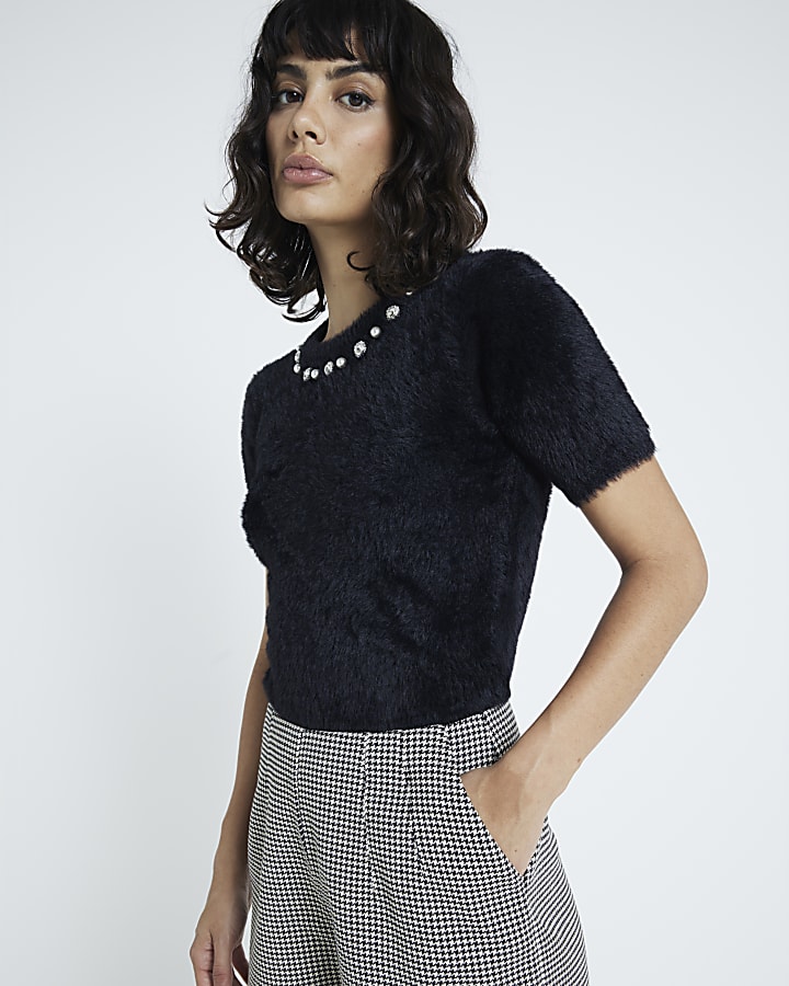 Black fluffy knit t-shirt