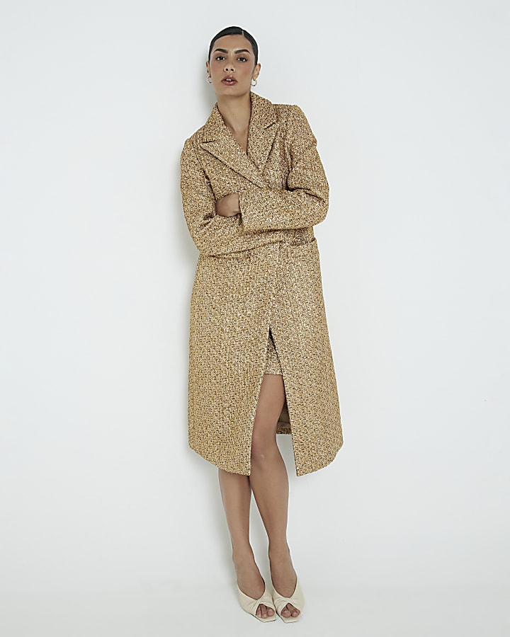 Gold Boucle Long Tailored Coat River Island