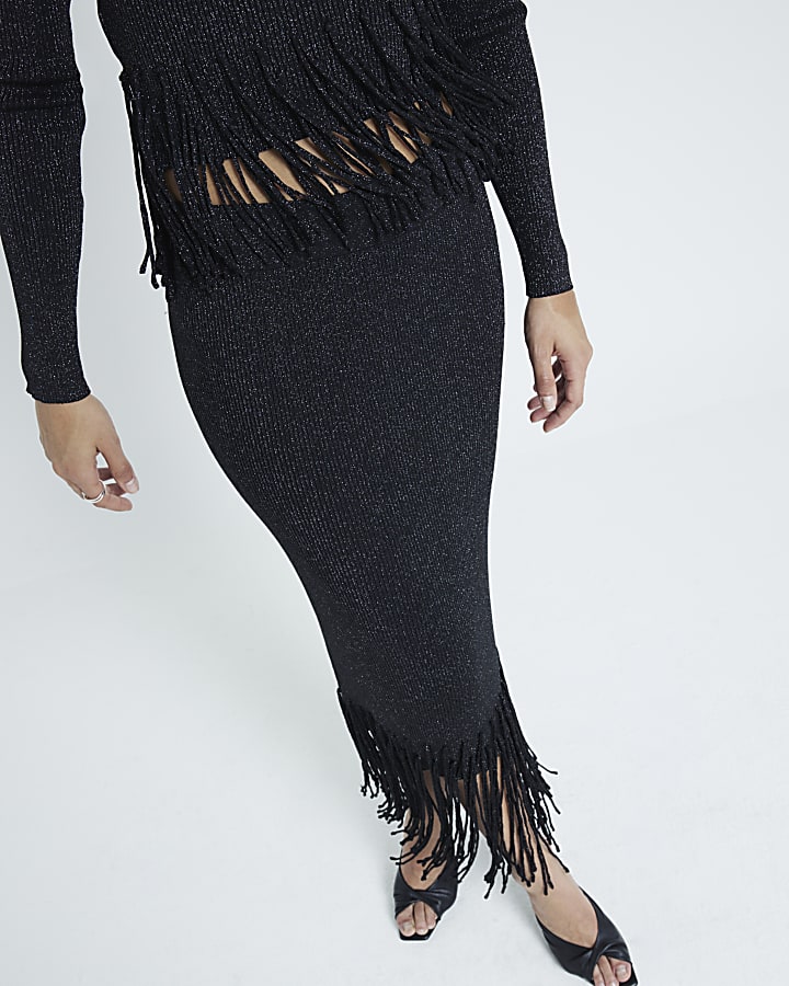 Black metallic fringe midi skirt