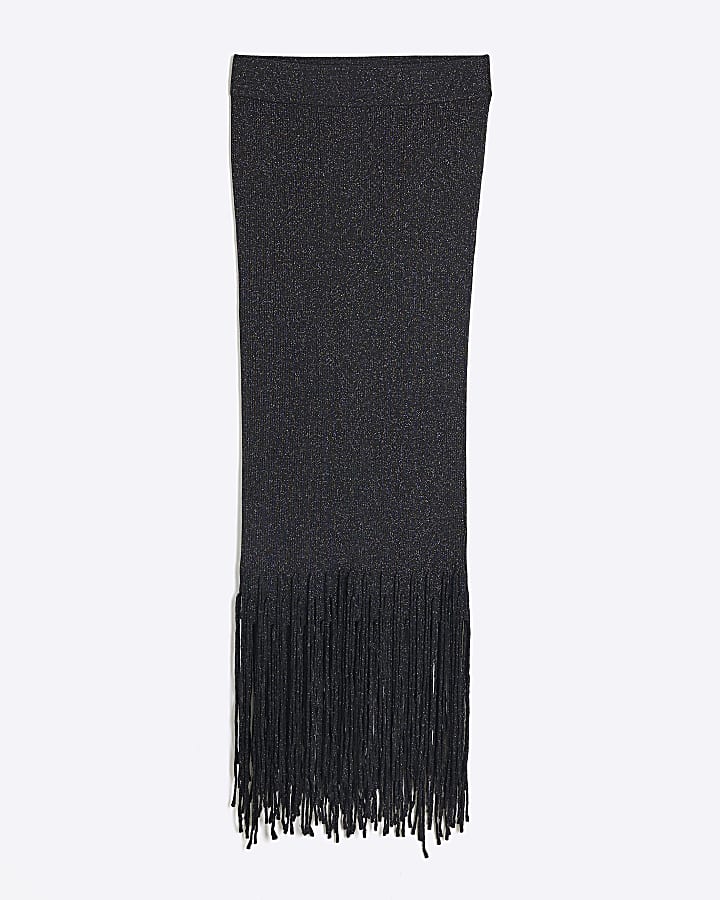 Black metallic fringe midi skirt