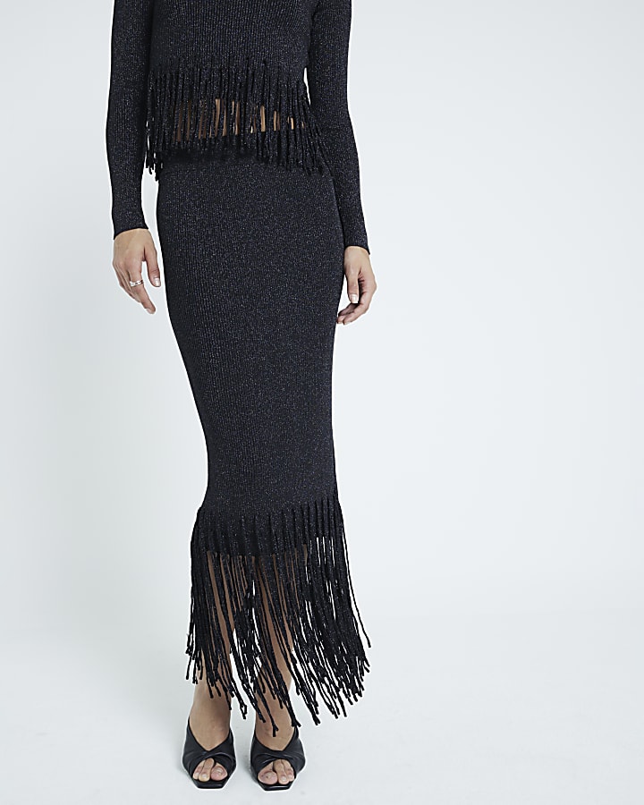 Black metallic fringe midi skirt