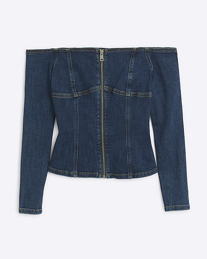 Blue denim bardot zip up top