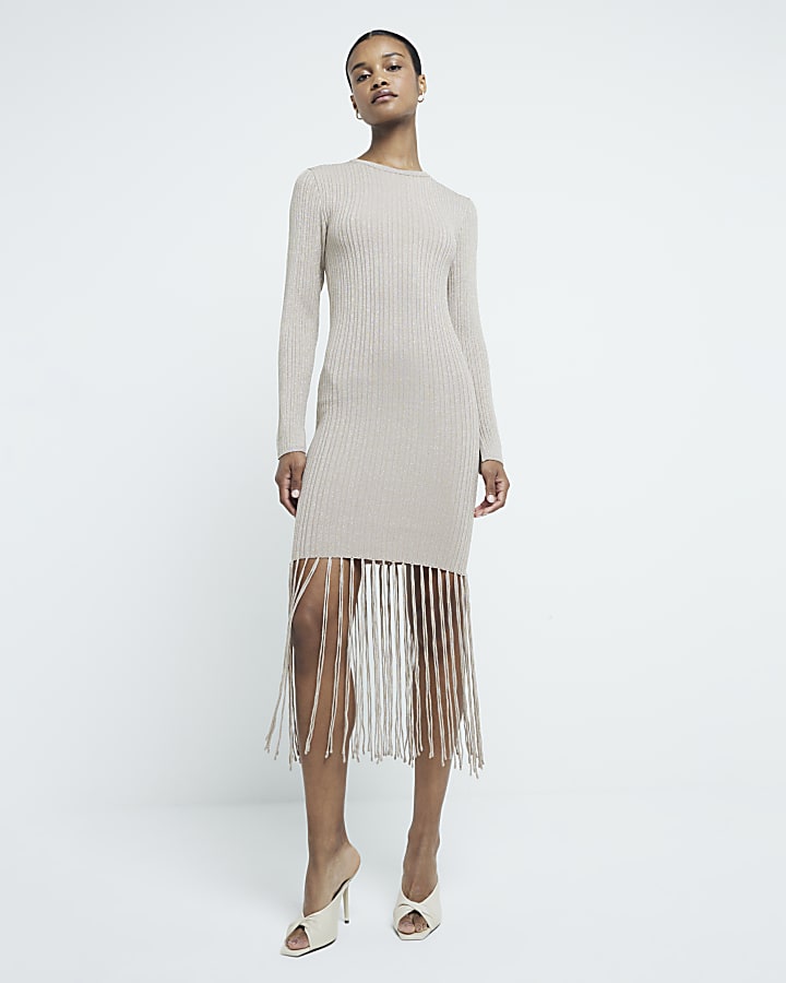 Gold Knit Metallic Fringe Dress