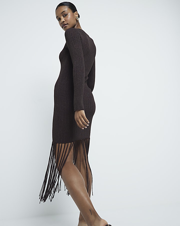 Brown Metallic Fringe Midi Dress