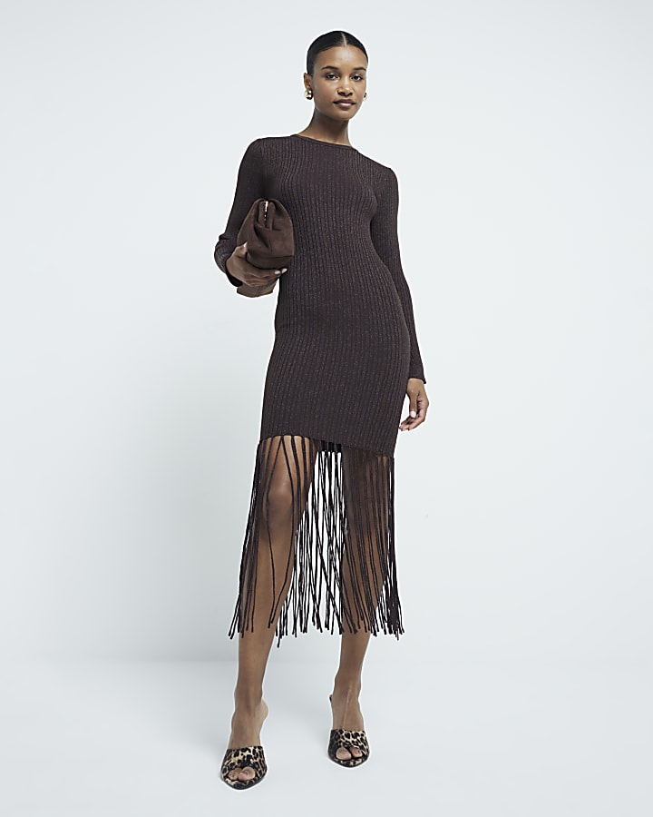 Brown Metallic Fringe Midi Dress River Island