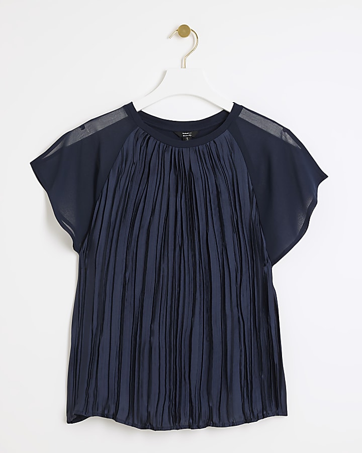 Navy plisse flute sleeve blouse