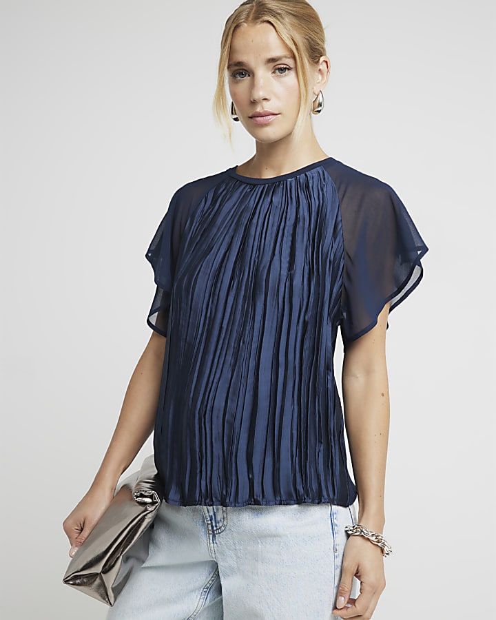 Navy plisse flute sleeve blouse