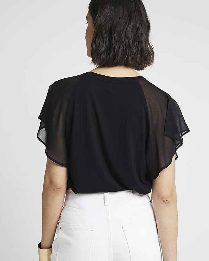 Black Plisse Flute Sleeve Blouse