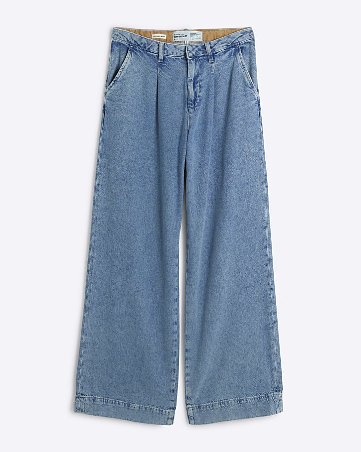 Blue mid rise wide leg tailored jeans