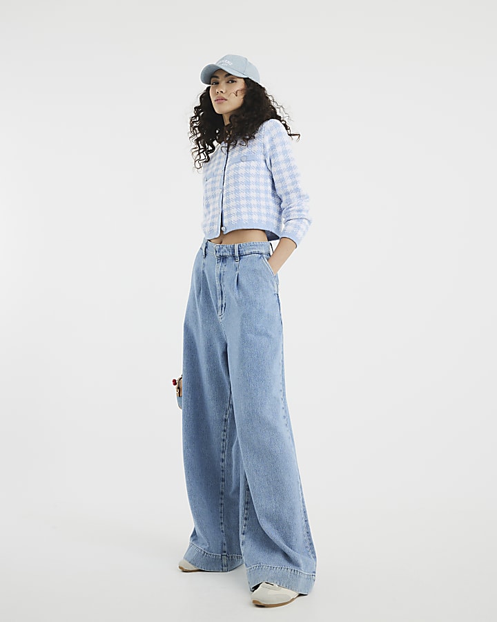 Blue mid rise wide leg tailored jeans