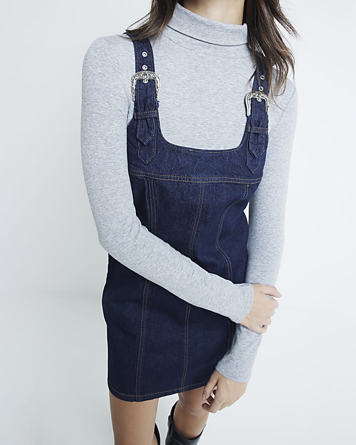 Blue Denim Pinafore Mini Dress River Island