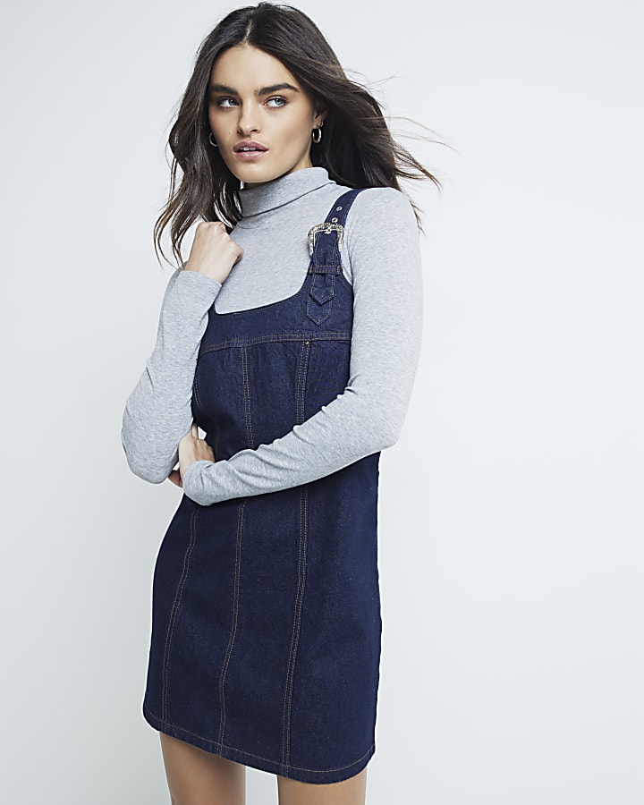 Blue Denim Pinafore Mini Dress