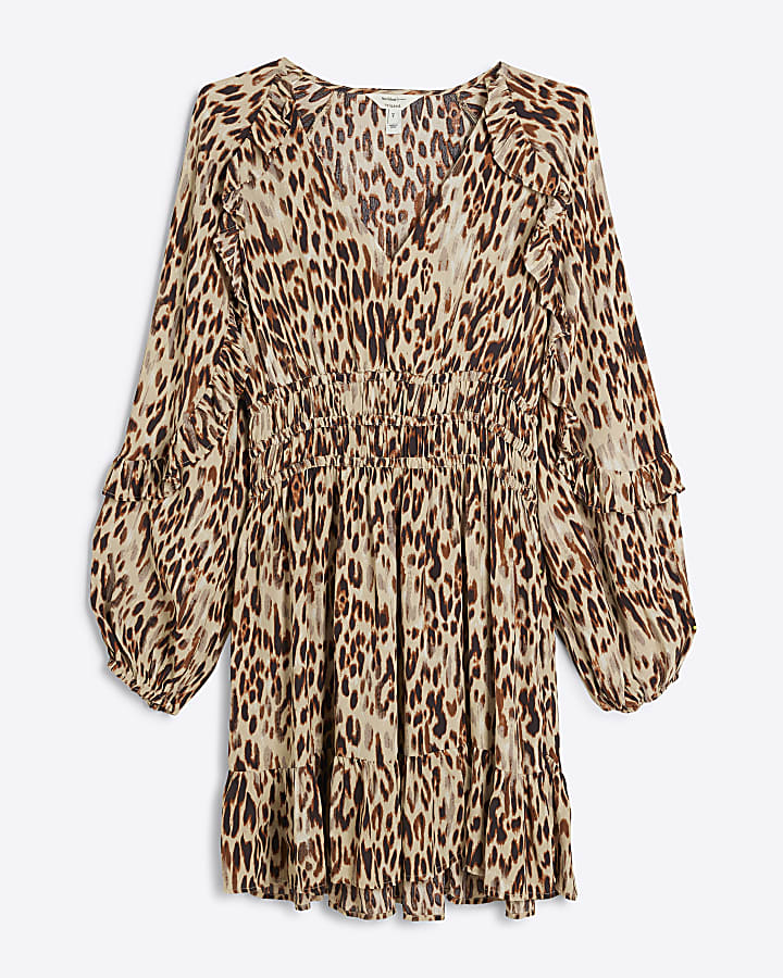 Beige leopard print frill swing mini dress