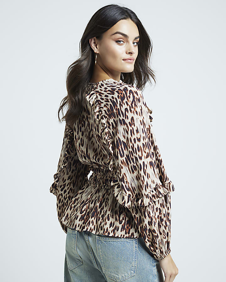 Beige leopard print frill blouse