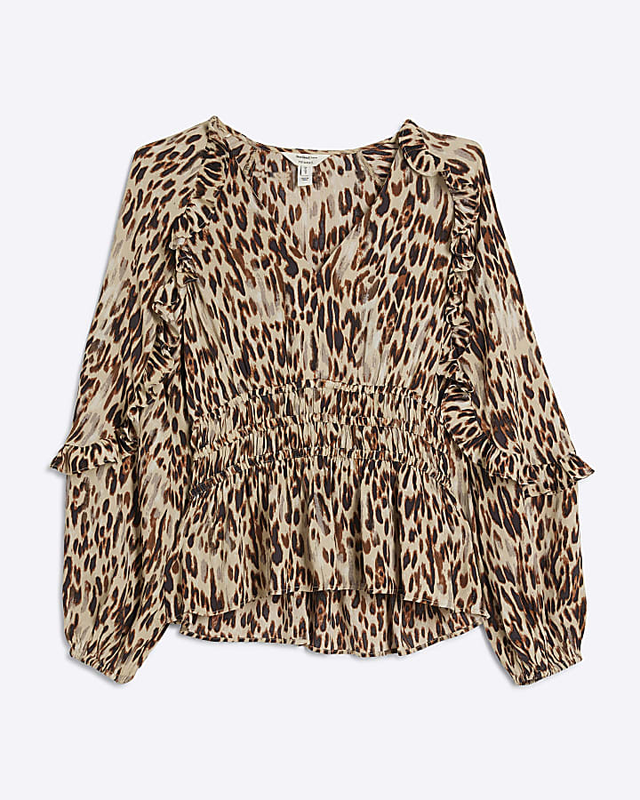 Beige leopard print frill blouse