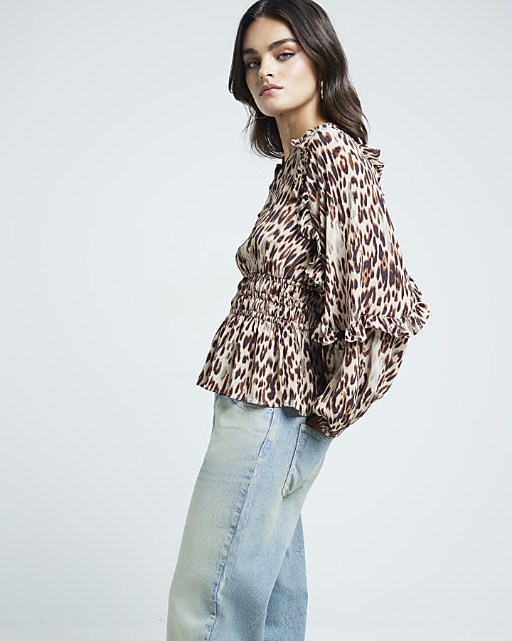 Beige leopard print frill blouse