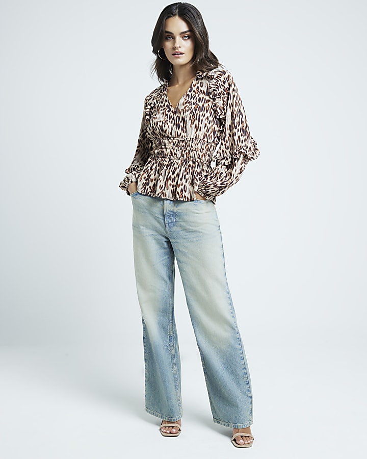 Beige leopard print frill blouse