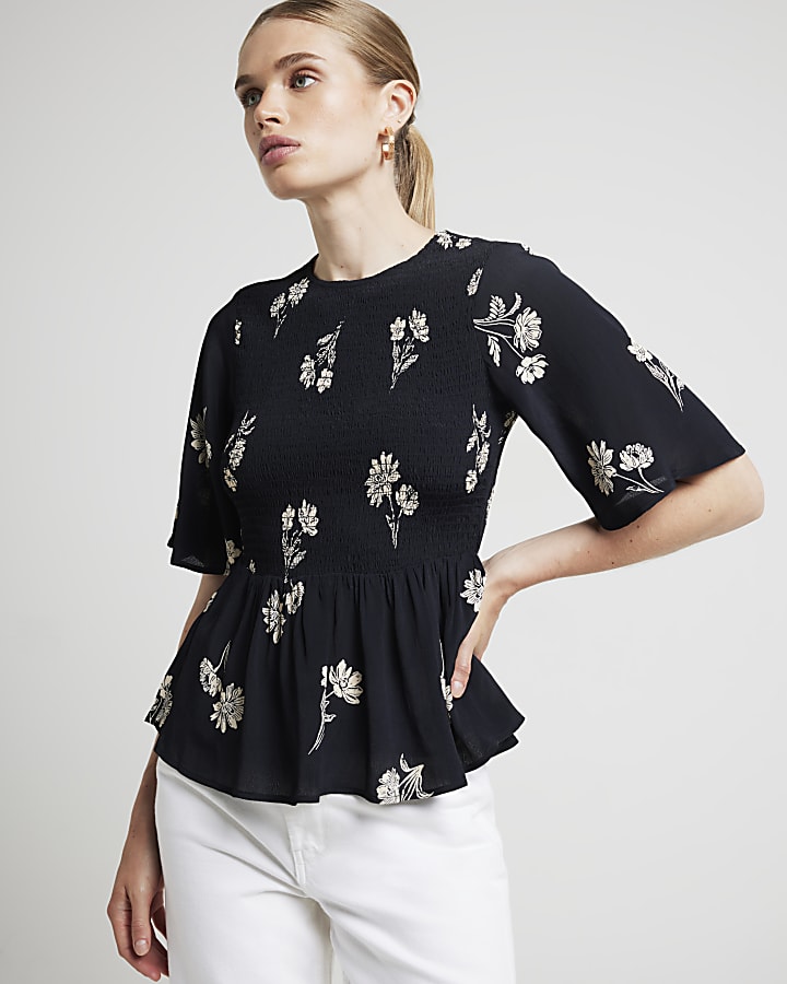 Black floral peplum top