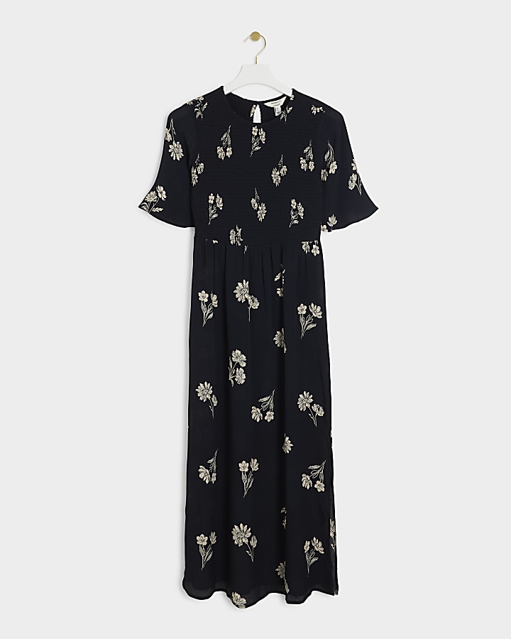 Black floral flute sleeve swing midi dress