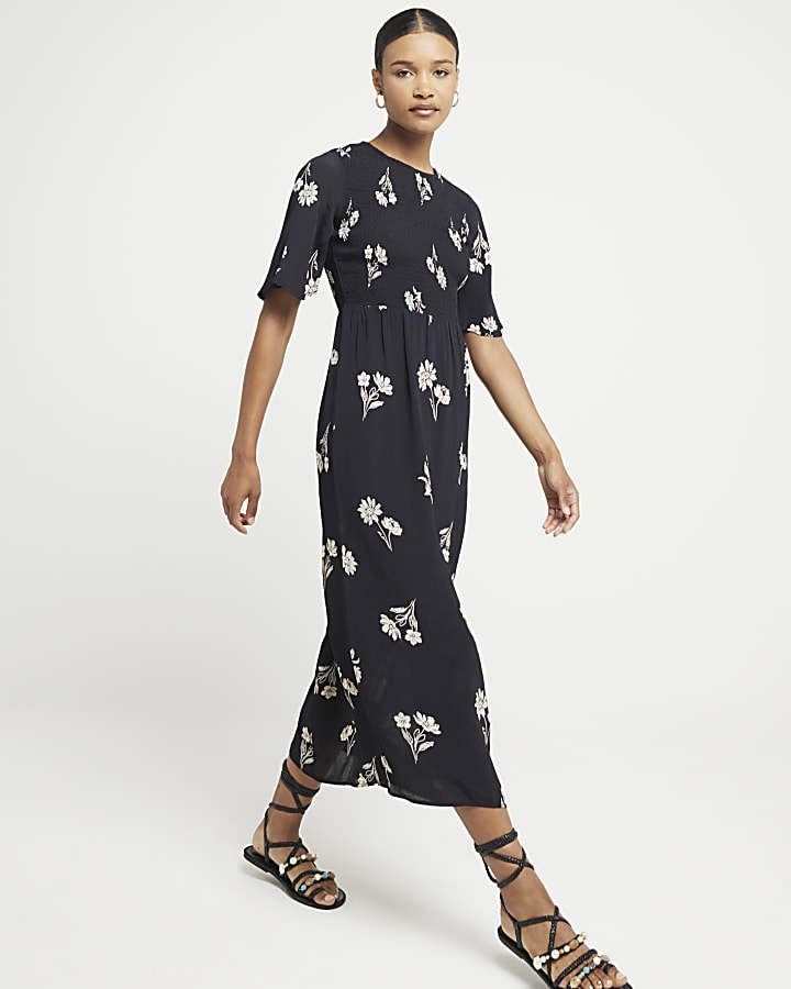 Black floral flute sleeve swing midi dress