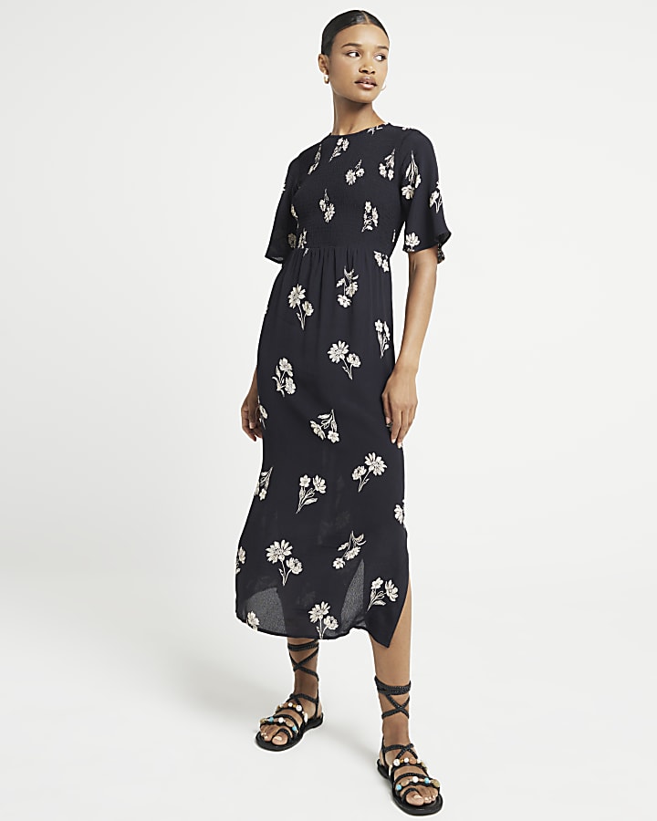 Black floral flute sleeve swing midi dress