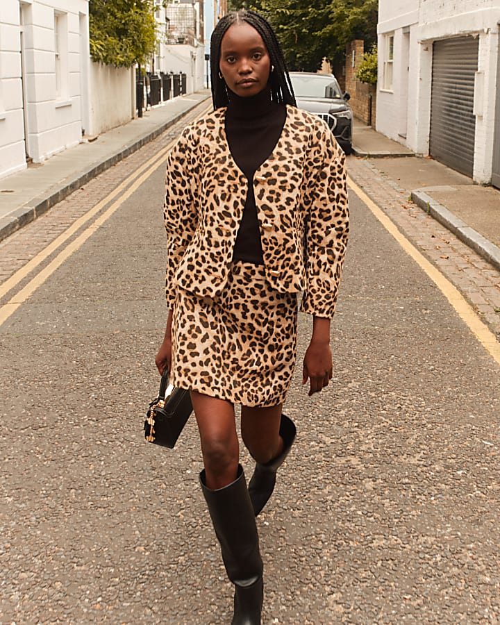 Brown Leopard Structured Mini Skirt River Island