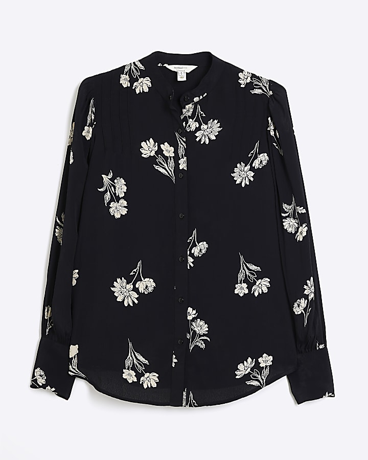 Black Floral Crew Neck Blouse